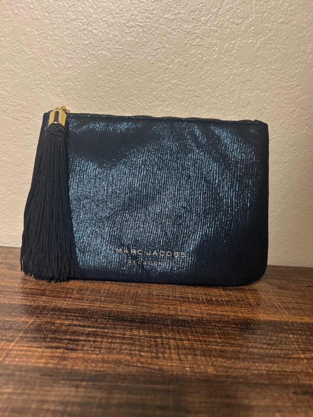 Marc Jacobs Decadence Black Metallic Clutch Wristlet Zip Tassel Gold Hardware